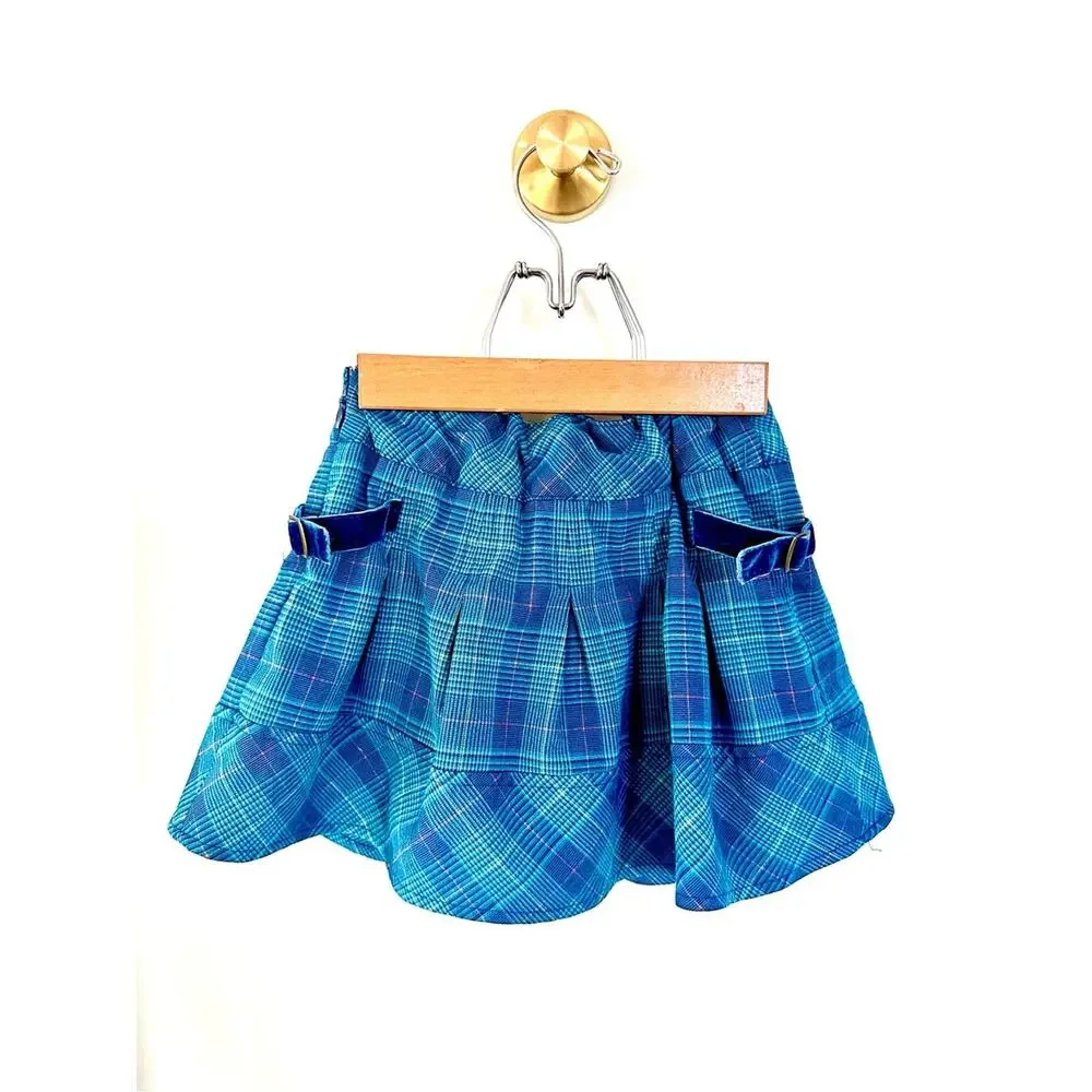 Cherokee Girls 6/6X Blue Plaid Pleated Skort Y2K Preppy Velvet Buckles